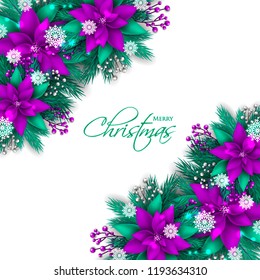 Pink violet Poinsettia Christmas party invitation vector template greeting card with pine and fir branches blue berry wreath in the snowflake, lights