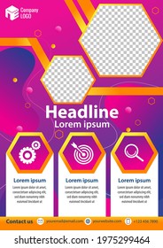 Pink Violet Poster and Flyer template design on abstract Fluid background with gear target search icon.