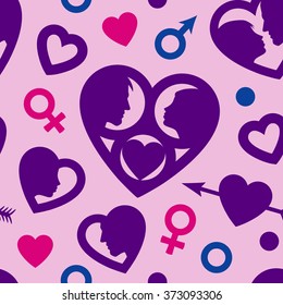 Pink, violet and purple seamless pattern with male and female silhouettes, hearts, symbols of Mars and Venus. Can be used  for greeting's cards, wrapping paper for Valentine's day and wedding gifts