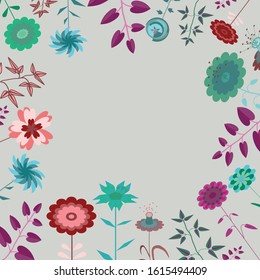 Pink, violet and red flowers frame. Vector illustration of flowers on grey background