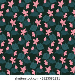 Pink violet seamless pattern on dark background. Minimalist hand drawn vector Scandinavian style botanical flower background texture for retro fabric.