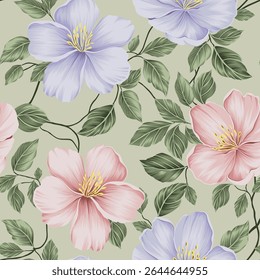 pink and violet seamless vector stock flowers with green leaves pattern on background