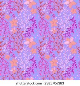 Pink and violet seaweeds, style background for printing , banner, decor. Seamless. Coral reef.