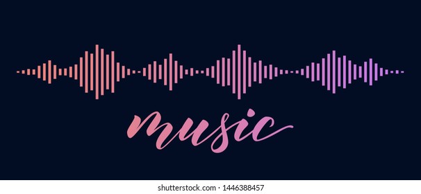 Pink and violet sound waves isolated on black background. Vector Illustration