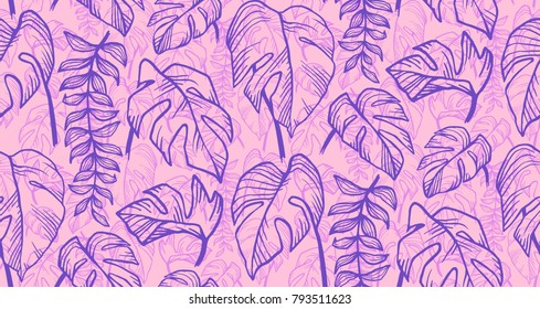 Pink and violet tropic leaves sketch vector seamless pattern tile