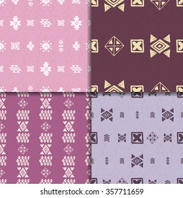 Pink and violet Vector Aztec Seamless Pattern set. Geometric abstract background.