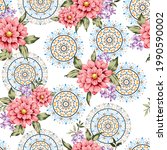 pink and violet vector flowers with green leaves bunches pattern on seamless circle background
