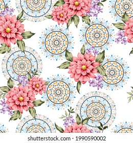 pink and violet vector flowers with green leaves bunches pattern on seamless circle background