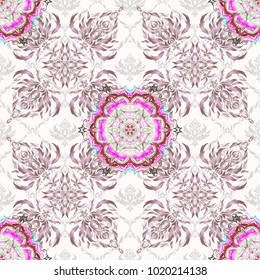 Pink and violet vector print on white background for design invitation, card, wallpaper, textile or fabric. Motley ornament seamless pattern.
