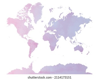 mapa del mundo de las acuarelas rosadas y violetas aisladas en la ilustración blanca vectorial