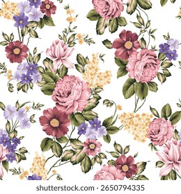pink violet and yellow seamless vector stock flowers with green leaves pattern of white