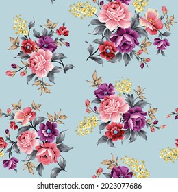 pink violet and yellow vector flowers with grey and brown leaves bunches pattern on blue background
