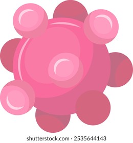 Pink virus cell with smaller circles attached around a larger central sphere representing microbial infection, illness, disease, and healthcare