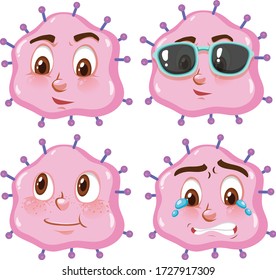 Pink virus cells with different facial expressions illustration