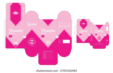 Diseño de empaquetado de píldora de vitalidad rosa para hombres en estilo de Vector plano y editable.