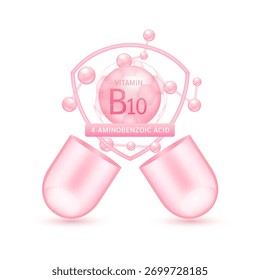 Pink vitamin B10 in shield surrounded by atoms molecules float out of the open capsule on white background. Pill drug vitamins complex. For design dietary supplement products. 3D vector.