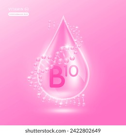 Pink vitamin B10 surrounded by DNA. Water drop serum collagen solution moisturizer hyaluronic acid vitamins complex from nature essential skin care. For ads cosmetics cream lotion. Vector EPS10.