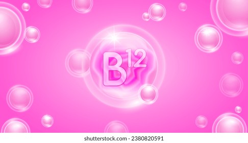 Vitamina rosa B12 flotando en el aire. Complejo de minerales de vitaminas y suero de colágeno. Para el diseño nutricional de banner cosmético o cuidado de la piel de belleza. Complemento esencial del cuerpo de salud. vector 3D.