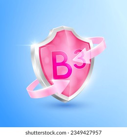 Pink vitamin B3 shield and clear glass arrows. Symbol protection boost immunity the body stay healthy. For advertising nutrition products food. Medical health concepts. Icon 3D vector illustration.