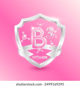 Pink vitamin B3 in silver shield with atom molecules surrounded by arrows. Nutrients necessary for building immunity and protect the body stay healthy. For nutrition products food. 3D Vector.