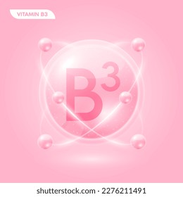 Pink vitamin B3 solution. Substance for beauty cosmetic with chemical formula from nature. Collagen serum and hyaluronic acid skincare. Medical scientific concept. 3D Realistic Vector.