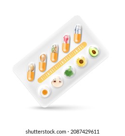 Pink vitamin B5. Medicine capsule. Fruits and vegetables that neutralize free radicals. Anti aging beauty enhancement concept and health care. 3D vector EPS10.