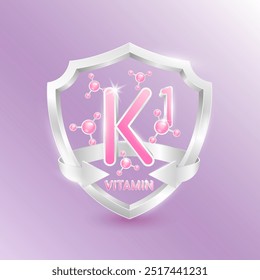 Pink vitamin K1 in silver shield with atom molecules surrounded by arrows. Nutrients necessary for building immunity and protect the body stay healthy. For nutrition products food. 3D Vector.