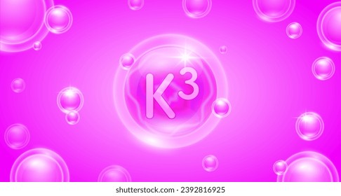 Pink vitamin K3 floating in the air. Vitamins minerals complex and collagen serum. For cosmetic banner or beauty skin care nutrition design. Essential supplement to the health body. 3D vector.