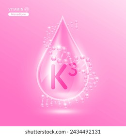 Vitamina K3 rosada rodeada de ADN. Agua gota suero solución de colágeno hidratante ácido hialurónico complejo de vitaminas de la naturaleza cuidado esencial de la piel. Para anuncios de loción de crema cosmética. Vector EPS10.