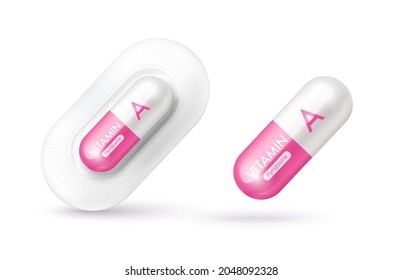 Pink vitamin A medicine capsule. Dietary supplement health neutralize free radicals. With chemical formula. Anti aging beauty enhancement concept and health care medical. 3D vector EPS10.