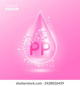 Pink vitamin PP surrounded by DNA. Water drop serum collagen solution moisturizer hyaluronic acid vitamins complex from nature essential skin care. For ads cosmetics cream lotion. Vector EPS10.