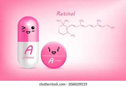 Pink vitamin A (Retinol) capsule cute cartoon character and structure. Pill capsules complex shaped mascot for pharmacy children's clinic. Healthcare and medicine skin care concept. 3D vector.