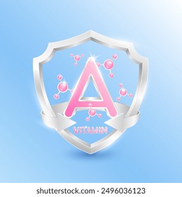 Pink vitamin A in silver shield with atom molecules surrounded by arrows. Nutrients necessary for building immunity and protect the body stay healthy. For nutrition products food. 3D Vector.