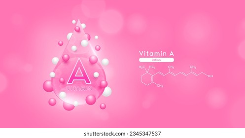 Pink vitamin A water drop and chemical structure surround with collagen hyaluronic acid moisturizer. Vitamins complex mockup for skin care cosmetics design. Beauty treatment nutrition. 3D Vector.