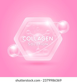 Pink vitamins hyaluronic acid serum and moisturizer surrounds the collagen solution in hexagon. Essential to the health skin care. For cosmetic label or beauty nutrition. Vector EPS10.