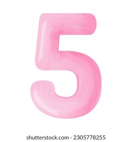 Pink voluminous number figure five with watercolor effect, vector illustration, isolated on white background	
