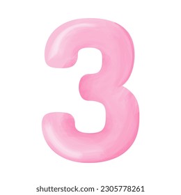 Pink voluminous number figure three with watercolor effect, vector illustration, isolated on white background	
