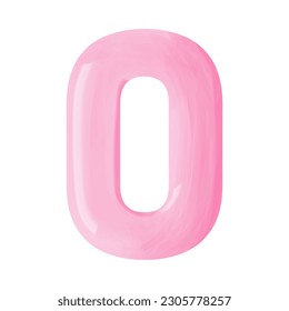 Pink voluminous number figure zero with watercolor effect, vector illustration, isolated on white background	
