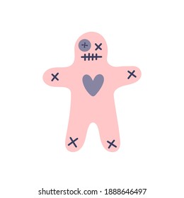 Pink voodoo doll on a white background. Magic, witchcraft., Harm, revenge, black magic. Hand drawn vector isolated single illustration.