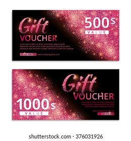 Pink voucher glitter background. Shiny gift certificate with text. Banners for logo web, card vip exclusive luxury privilege, sale, store, present, shopping. Red light bright sparkles. 