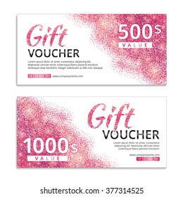 Pink voucher glitter background. Shiny gift certificate with text. Banners for logo web, card vip exclusive luxury privilege, sale, store, present, shopping. Red light bright sparkles. 