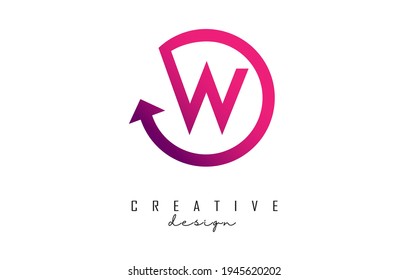 Pink W letter logo design with circle frame and arrow. Creative vector illustration with pink color and letter W.