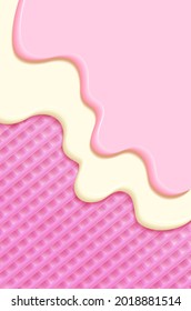 Pink wafer and flowing white cream or yogurt - vector background. Sweet texture.