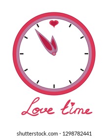 Pink wall clock with heart and text, love time. Vector illustration