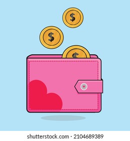 pink wallet flat vector, pink wallet full of money dollars and coins, pink wallet for woman vector design illustration, girly wallet,pink purse,pink pocket,golden coins,dollar money