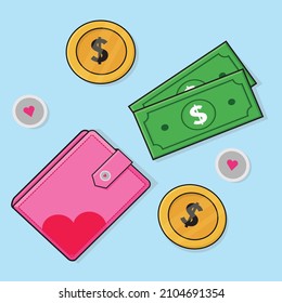 pink wallet flat vector, pink wallet full of money dollar and coin, pink wallet wallpaper,pink wallet background,pink pocket,purse,pouch design illustration