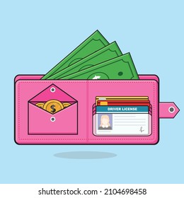 pink wallet flat vector, pink wallet full of money dollars and coins, pink wallet for woman with atm cars and driver license vector design illustration, girly wallet,pink purse,pink pocket