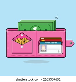 vector plano de la cartera rosa, billetera rosa llena de dólares y monedas, billetera rosa para mujer con coches de atm y ilustración de diseño de vectores de licencia de conducir, billetera de circunvalación, bolso rosa, bolsillo rosa