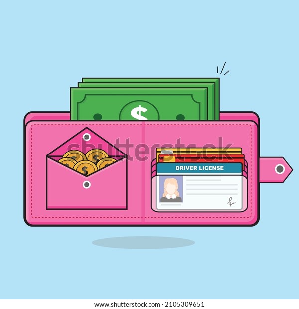 pink wallet flat vector, pink wallet full of money\
dollars and coins, pink wallet for woman with atm cars and driver\
license vector design illustration, girly wallet,pink purse,pink\
pocket
