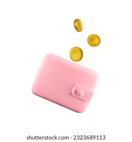 Pink wallet with flying golden coins.3d money saving icon concept.Mobile banking and Online payment service.Rendering illustration